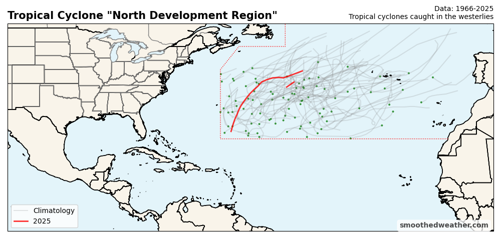 Map of tropical cyclones in the north development region, an area in the north central and north east Atlantic Ocean. Both historical storms and storms from this year are shown.